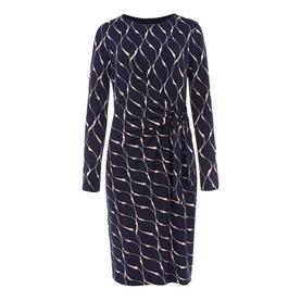 Phase Eight Ally Print Dress in blue, long sleeve, round neck, fitted knee length style with tie waist and geometric print