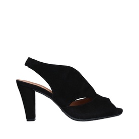 Carvela Comfort Arabella Suede Heeled Sandals in black with peep-toe, cut-out upper, cone heel and elasticated slingback strap