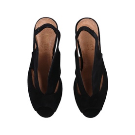 Carvela Comfort Arabella Suede Heeled Sandals in black, overhead view showing peep-toe, cut-out upper and elasticated slingback strap