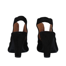Carvela Comfort Arabella Suede Heeled Sandals in black, rear view showing elasticated slingback strap and cone heel
