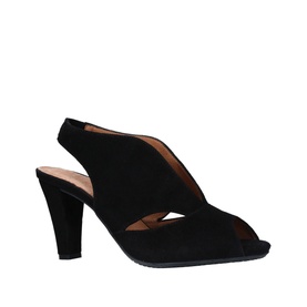 Carvela Comfort Arabella Suede Heeled Sandals in black with peep-toe, cut-out upper, cone heel and elasticated slingback strap