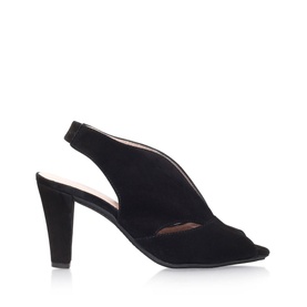 Carvela Comfort Arabella Suede Heeled Sandals in black with peep-toe, cut-out detail, cone heel, and elasticated slingback strap