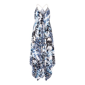 Mint Velvet Alma Print V-Neck Maxi Dress in blue butterfly print with crossback straps and handkerchief hem