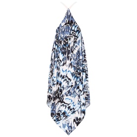 Mint Velvet Alma Print V-Neck Maxi Dress in blue abstract feather print, halterneck style, floaty silhouette