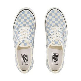 Vans Authentic 44 DX Trainers in blue checkerboard canvas with cream laces and off-white vulcanised sole, overhead view