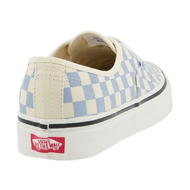 VANS Authentic 44 DX Trainers in blue and white checkerboard canvas with white rubber flatform sole, rear three-quarter view