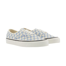 Vans Authentic 44 DX Trainers in blue checkerboard canvas with cream sole, shown as a pair angled together
