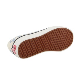 Vans Authentic 44 DX Trainers in blue, sole view showing brown waffle outsole with diamond tread pattern and red Vans logo tab