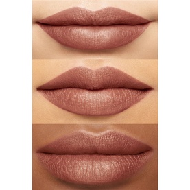 NARS Audacious Lipstick in Barbara, a muted rose-brown shade shown on three different skin tones