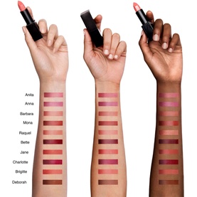 NARS Audacious Lipstick shade swatches on three arms showing Barbara and nine other shades, with models holding lipstick bullets