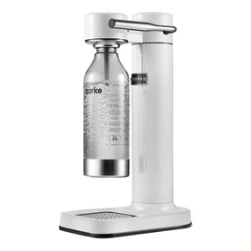 Aarke Carbonator III water carbonator in white with silver carbonating bottle and chrome accents on a white base