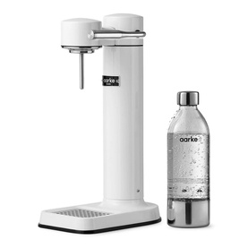 Aarke Carbonator III sparkling water maker in white with silver accents, shown with matching clear plastic bottle