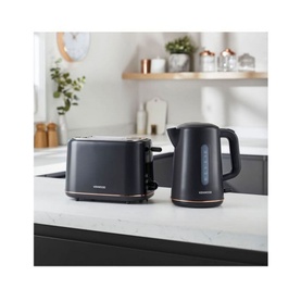 Kenwood Abbey Lux 1.7L Kettle in black with rose gold accents, styled alongside matching black 2-slice toaster on kitchen counter