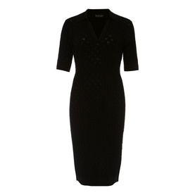 Phase Eight Analise Pointelle Knit Dress in black; knee-length, open collar, double-breasted buttons, elbow-length sleeves, ribbed knit finish
