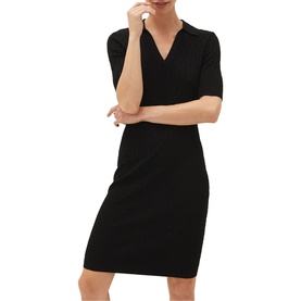 Model wearing Phase Eight Analise Pointelle Knit Dress in black, knee-length with open collar neckline and elbow-length sleeves