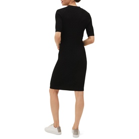 Model wearing Phase Eight Analise Pointelle Knit Dress in black, knee-length ribbed knit, elbow sleeves, open collar, back view