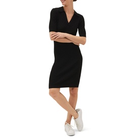 Model wearing Phase Eight Analise Pointelle Knit Dress in black, knee-length with open collar neckline and elbow-length sleeves