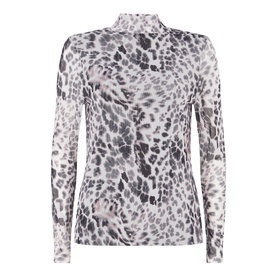 Mint Velvet Animal Mesh Polo Neck Top in blue animal print, long sleeves, fitted polo neck, flat lay shot