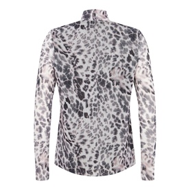 Mint Velvet Animal Mesh Polo Neck Top in blue, long-sleeve mesh with all-over animal print, shown from the back