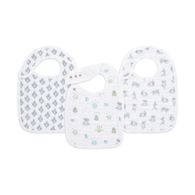Aden & Anais Now & Zen Three Pack Snap Bibs in aqua, white muslin with grey geometric and animal prints, snap fastening