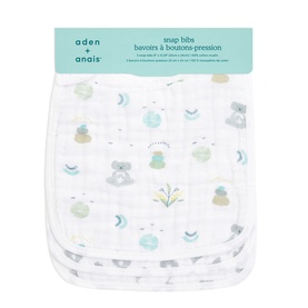 Aden & Anais Now & Zen Three Pack Snap Bibs in aqua, white muslin with koala and botanical print, packaged set of three