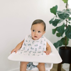Baby wearing Aden & Anais Now & Zen Snap Bib in aqua animal print, seated in a white high chair with a plant in the background