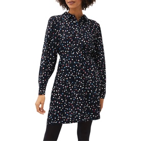 Model wearing Phase Eight Alexandra Ditsy Print Shirt Dress in blue with all-over tulip print, long sleeves, tie belt, styled with black leggings