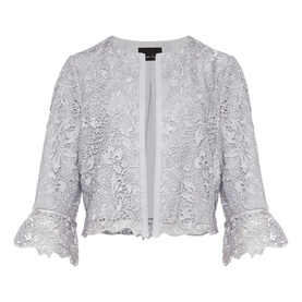 Phase Eight Alisha Lace Jacket in green, crop length, edge-to-edge open front, fluted 3/4 sleeves with lace overlay