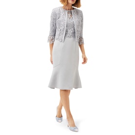 Model wearing Phase Eight Alisha Lace Jacket in green, crop length with 3/4 fluted sleeves and lace overlay, styled with matching dress and heels