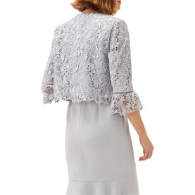 Model wearing Phase Eight Alisha Lace Jacket in green, crop length with 3/4 fluted sleeves and lace overlay, styled with matching dress