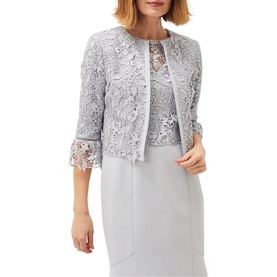 Model wearing Phase Eight Alisha Lace Jacket in green, crop length, edge-to-edge, fluted 3/4 sleeves with lace overlay, styled with matching dress