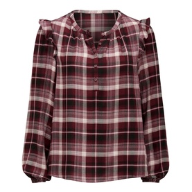 Forever New Amy Checked Frill Shoulder Blouse in burgundy check, featuring frill shoulders, button placket neckline and full-length sleeves