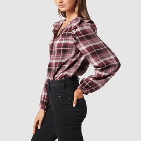 Model wearing Forever New Amy Checked Frill Shoulder Blouse in burgundy plaid, styled with black trousers. Frill shoulders, button front