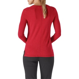 Model wearing Whistles Annie Sparkle Knit in red, rear view, styled with dark grey trousers