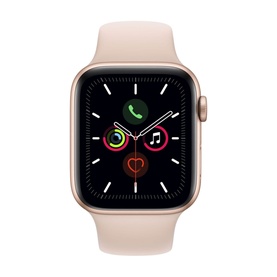 Apple Watch Series 5 GPS 40mm in gold aluminium case with pink sand sport band, multicolour watch face displayed