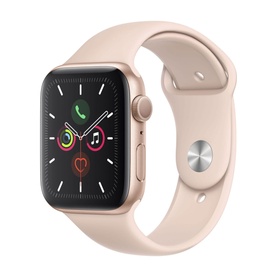 Apple Watch Series 5 GPS 40mm in gold aluminium case with pink sand sport band, showing watch face with app icons