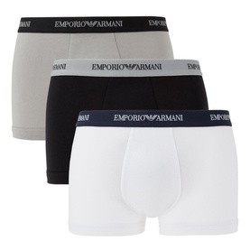 Armani Three Pack Trunks in multi, featuring grey, black and white boxers with branded elastic waistbands