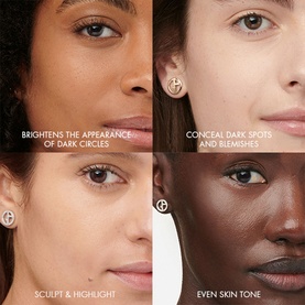 Armani Beauty Luminous Silk Lightweight Liquid Concealer shown on four models demonstrating brightening, concealing, sculpting