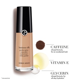 ARMANI BEAUTY Luminous Silk Lightweight Liquid Concealer 12ml bottle with ingredient callouts: Caffeine, Vitamin E, and Glycerin