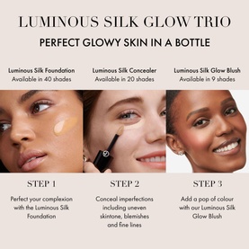 Armani Beauty Luminous Silk Glow Trio promotional image showing Foundation, Concealer, and Glow Blush applied in three steps on models