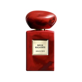 Armani Beauty Rouge Malachite Eau de Parfum in deep red glass bottle with round red cap and gold label detail