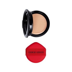 Armani Beauty To Go Cushion Refill compact in beige tone, shown open with red cushion applicator puff below
