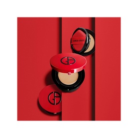Armani Beauty To Go Cushion Refill in red compact, shown open to reveal nude foundation cushion alongside closed compact