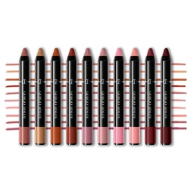 Armani Beauty Color Sketcher lip pencils displayed in a fan of nude and berry shades including Amaretto, showing full pencil range