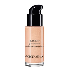 Armani Beauty Fluid Sheer Liquid Highlighter 18ml in a peach-gold tone, pump bottle with black cap on white background