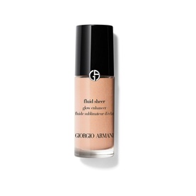 Armani Beauty Fluid Sheer Liquid Highlighter 18ml in a peach-nude glass bottle with gold cap and branded label