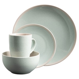 Belleek Aqua Stoneware 16 Piece Set in green, featuring mug, bowl, side plate and dinner plate with speckled glaze and blush rim detail