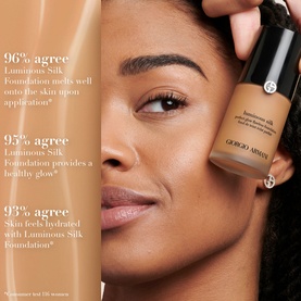 Model with ARMANI BEAUTY Luminous Silk Foundation 30ml applied to skin, holding bottle, with efficacy claims overlay text visible