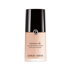 Armani Beauty Luminous Silk Foundation 30ml, shown in glass bottle with black cap and pale beige liquid visible