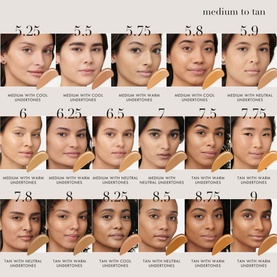 Armani Beauty Luminous Silk Foundation shade range swatches shown on diverse models, shades 5.25 to 9, medium to tan undertones